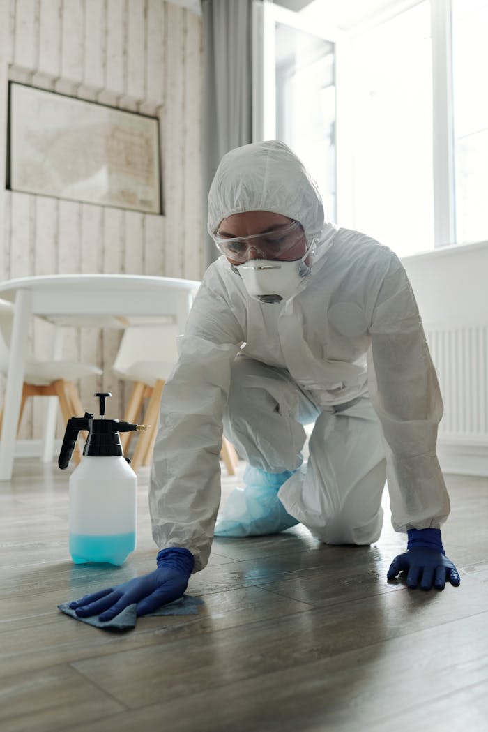 Individual in protective suit cleaning a floor with disinfectant during pandemic indoors.