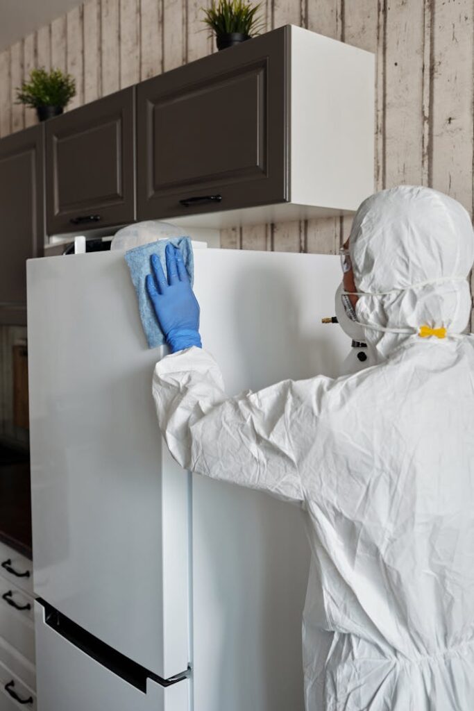 Healthcare worker in protective gear disinfects a refrigerator to ensure safety and cleanliness.