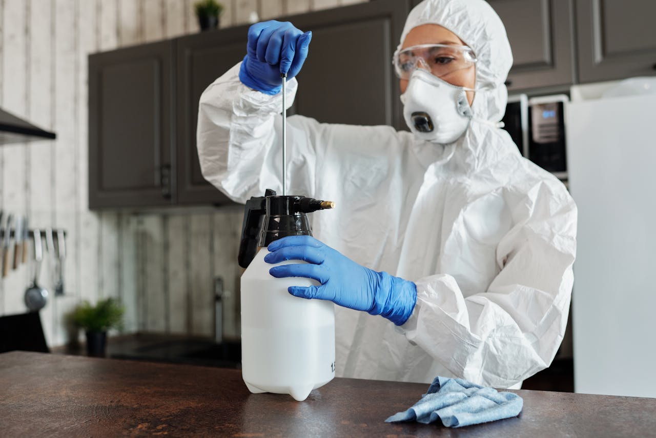 Individual in protective gear disinfecting workplace with spray bottle