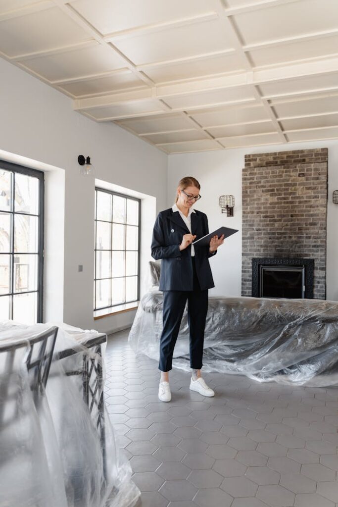 Real estate agent in a suit reviewing paperwork inside a newly renovated home.